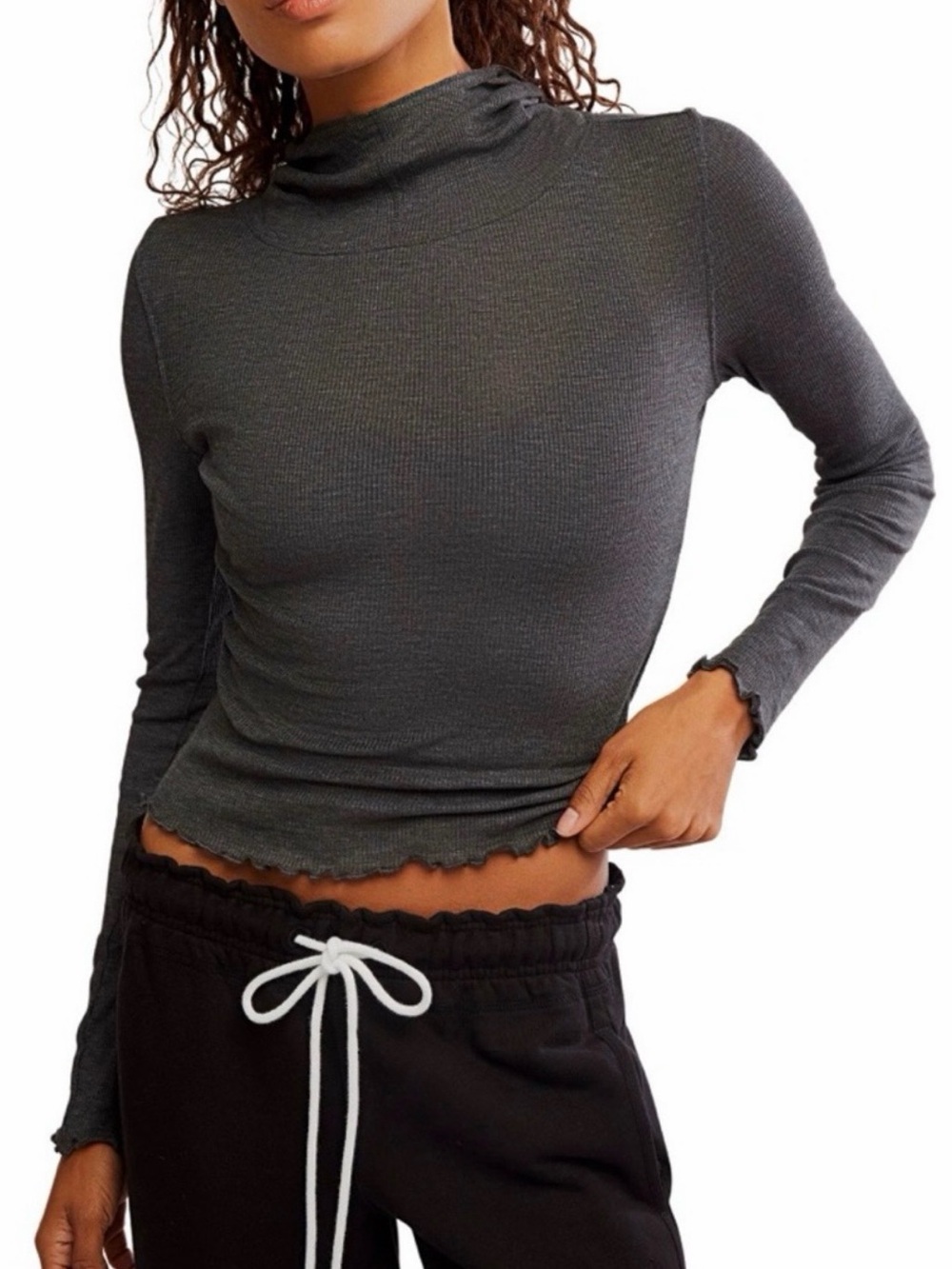 Free People Charcoal Ribbed Mock Neck Lettuce Hem Long Sleeve NWOT